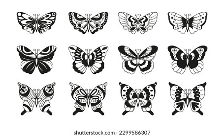 Butterfly tattoo. Black moth outlines with decorative detailing, abstract nature decorative insects. Vector doodle collection. Beautiful bugs with curly design isolated on white, wildlife