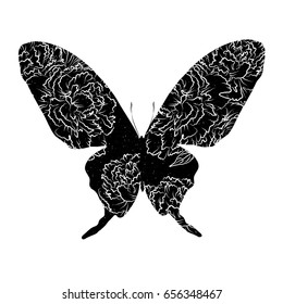 Butterfly tattoo. Black and white print with the ornament of flowers butterfly. Unique design for t-shirts design. Vector illustration EPS10.
