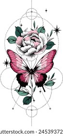 Butterfly Tattoo, common peony, mystic symbol. Flower with string of beads. Vintage decorative elements. Vector illustration art. Traditional art tattoos.