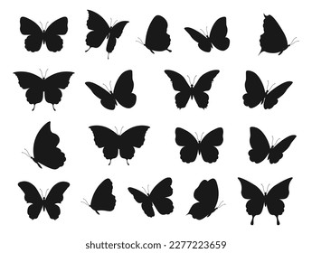 Silhouettes con tatuajes de mariposa. Formas de silueta de mariposas, iconos de insectos decorativos de mosca negra, objetos de polilla de manantial de tinta