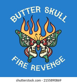 Butterfly tattoo skull with fire vector illustration