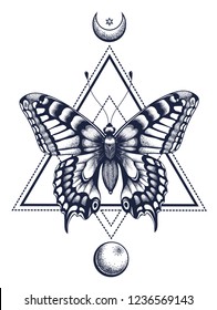 Butterfly tattoo and t-shirt design. Butterfly in triangle, at top is half moon with star, at bottom is full moon. Mystical symbol of soul, immortality, rebirth and resurrection. Sacred geometry