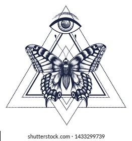 Butterfly tattoo and t-shirt design. Butterfly in triangle, at top is half moon with star, at bottom is full moon. Mystical symbol of soul, immortality, rebirth and resurrection. Sacred geometry