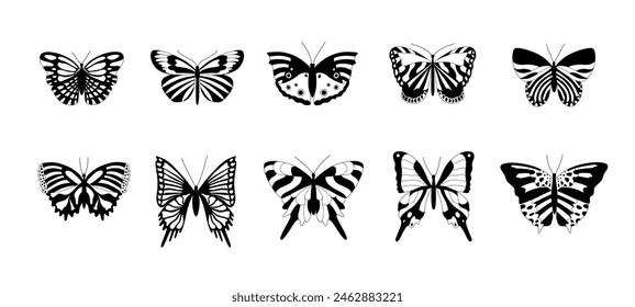 Colección de Ilustración vectorial de tatuaje de mariposa. Conjunto psicodélico blanco y negro de mariposas. Pegatinas estéticas Y2K. Naturaleza salvaje monocromo varias Formas insectos.