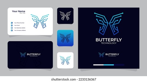 butterfly technology logo and business card template premium vector
