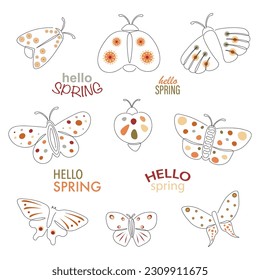Butterfly text hello spring. Cartoon vector. Vintage vector. Spring season drawing print. Design element. Isolated vector. Nature beauty.