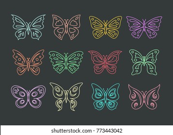 Butterfly thin line icons set. Colored outline butterfly signs isolated on black background. Vector butterfly illustration.