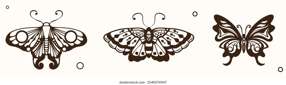 Butterfly three set of black and white wings in the style of wavy lines and organic shapes. Y2k aesthetic, tattoo silhouette, hand drawn stickers.