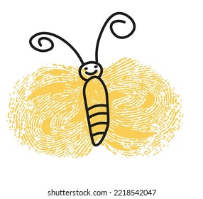 Butterfly thumbprint, isolated portrait of cute insect with wings and antennae. Moth animal with smiling muzzle expression. Simple drawing of character with finger stamp, vector in flat style