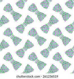 Butterfly tie. Watercolor seamless pattern with knot tie on the white background, aquarelle. Hipster fashion. Vector illustration. Hand-drawn stylish original background  for scrapbooking, design.