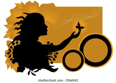 A butterfly at the tip of the fingers of a silhouette of a woman with leaves and foliage.