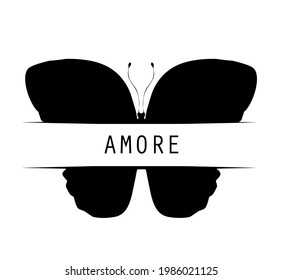 Butterfly with title "amore", isolated on white. Vector