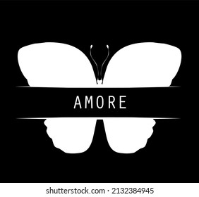 Butterfly with title "amore", isolated on white. Vector