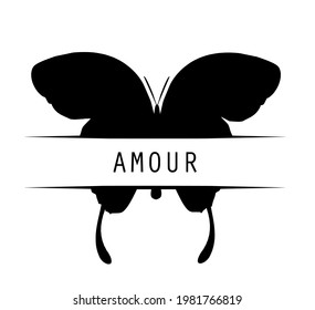 Butterfly with title "amour", isolated on white. Vector