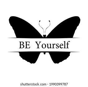 Butterfly with title "be yourself", isolated on white. Vector