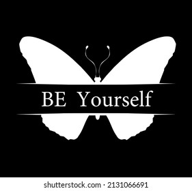 Mariposa con el título "sé tú mismo", aislada en blanco. Vector