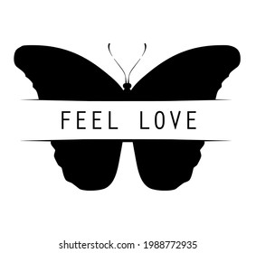 Butterfly with title "feel love", isolated on white