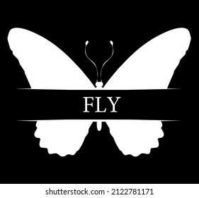 Butterfly with title "fly", isolated on white. Vector