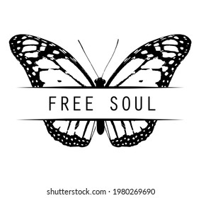 Butterfly with title "free soul", isolated on white. Vector