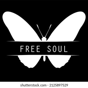 Butterfly with title "free soul", isolated on white. Vector