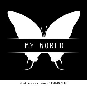Butterfly with title "my world", isolated on white. Vector
