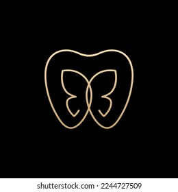 butterfly tooth gold line shape for dental clinic logo. Symbol of dentistry.