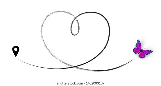 Butterfly with trace line in heart shape and map pin. Vector illustration