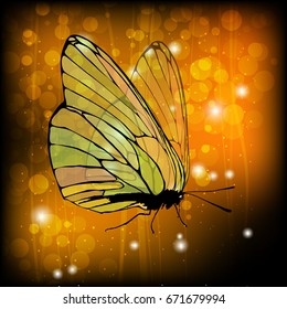 Butterfly with transparent wings on a gold background with sparkles. Illustration of a vector childrens lovely for your design