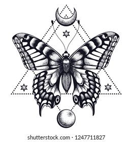 Butterfly In Triangle, Half Moon And Moon . Tattoo Design. Mystical Symbol Of Soul, Immortality, Rebirth And Resurrection.