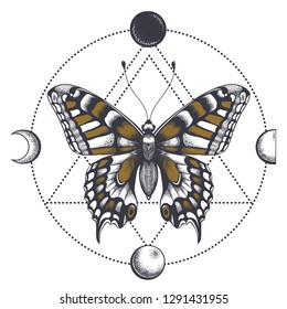 Butterfly in triangle. Moon phases. Sepia color.Tattoo Design. T-shirt design. Mystical symbol of soul, immortality, rebirth and resurrection.