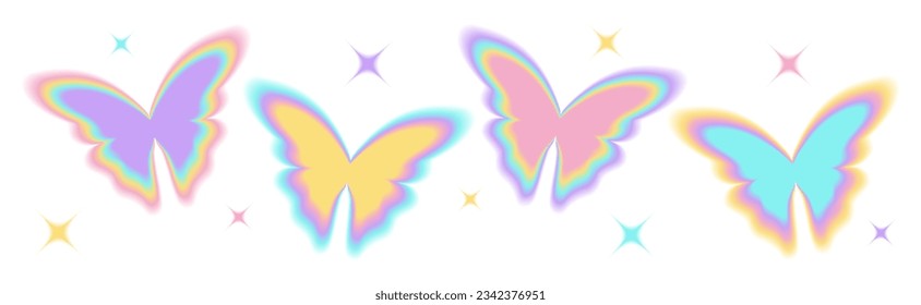 Butterfly trippy sticker. Y2k blurry gradient butterfly shape with sparkle or stars. Pastel holographic aura elements, aesthetic retro shapes with blur effect. Isolated vector illustration