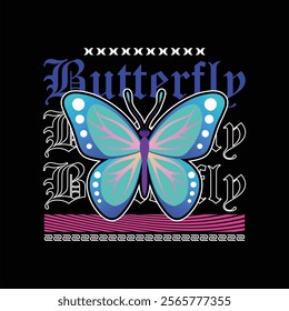 butterfly t-shirt vector design with text "butterfly". streetwear and Urban style on black background