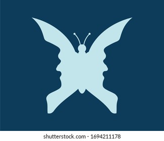 A butterfly or two face profile view. Optical illusion. Human head make silhouette of insect