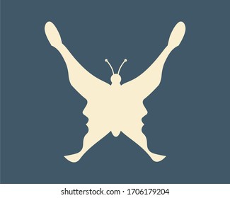 A butterfly or two face profile view. Optical illusion. Human head make silhouette of insect