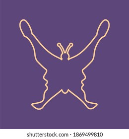 A butterfly or two face profile view. Optical illusion. Human head make silhouette of insect