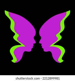 A butterfly or two face profile view. Optical illusion. Human head make silhouette of insect