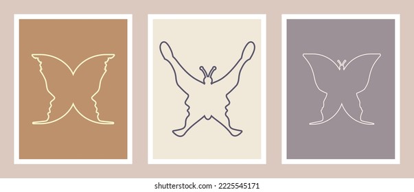 A butterfly or two face profile view. Optical illusion. Human head make silhouette of insect. Sliced background. Beauty and fashion concept.
