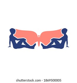 A butterfly or two women view. Optical illusion. Women make silhouette of insect