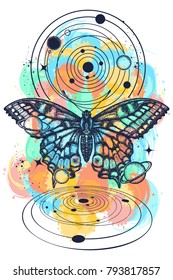 Butterfly and universe color tattoo, geometrical style. Mystical symbol of freedom, nature, tourism 