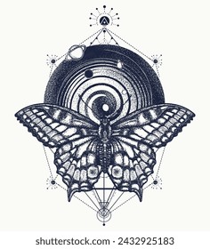 Butterfly and universe tattoo. Sacred geometry art. Esoteric symbol of meditation, freedom, knowledge, science, education, and travel. T-shirt design concept