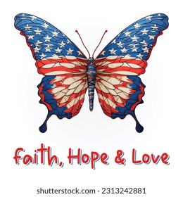 Butterfly with USA flag pattern for the 4th of July American Independence day and Veterans Day