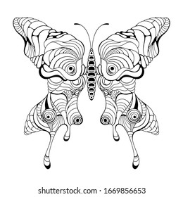 Butterfly vector art stencil for tattoo or t-shirt print. Symmetric butterfly ornament. Surreal. Ink hand draw monochrome illustration.