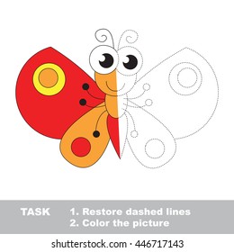 Butterfly in vector to be traced. Restore dashed line and color the picture. Visual game for children. Easy educational kid gaming. Simple level of difficulty. Worksheet for kids education.