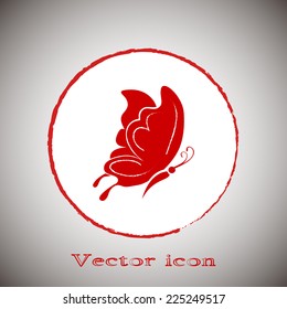 butterfly vector icon Red round button on a gray background
