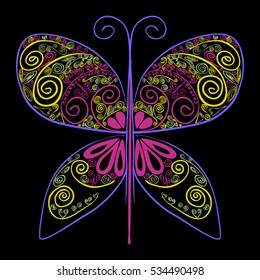 Butterfly Vector illustration with abstract flowers. Floral background