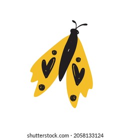 Butterfly vector illustration. Cute hand-drawn butterfly with yellow wings in the Scandinavian style. Butterflies, moths isolated on white. Vector children's illustration.