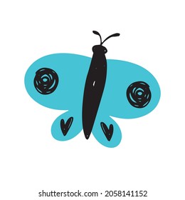 Butterfly vector illustration. Cute hand-drawn butterfly with large round blue wings in the Scandinavian style. Butterflies, moths, insects isolated on white. Vector children's illustration.