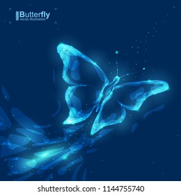 Butterfly vector illustration. Design with glow lines and dots. Objects on dark blue background.