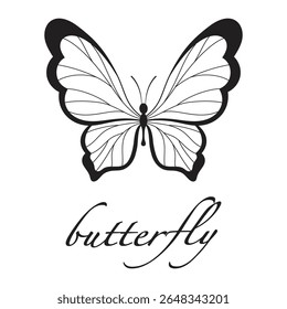 Ilustración vectorial de la mariposa aislada en el fondo blanco, tarjeta con el insecto en contorno