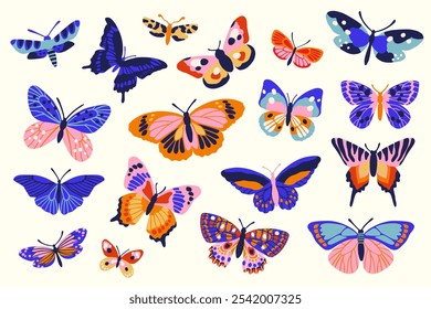 Butterfly vector illustration set. Hand drawn beautiful tropical moths isolated on white. Flying cute insects with colorful decorative wings. Flat cartoon style. Spring or summer nature elements